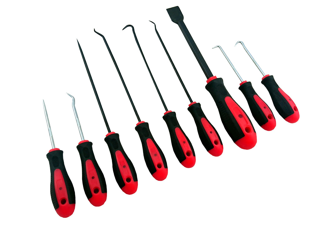 Set includes four long and four short hook and picks, of various types, plus a scraper. Each tool has a red and black soft grip handle.