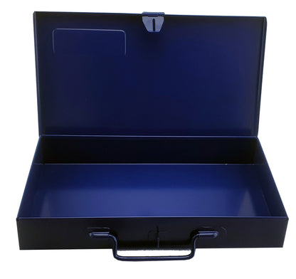 Dark Blue Metal Tool Case With Hinged Lid And Latch, Ideal For 3/8" Socketry