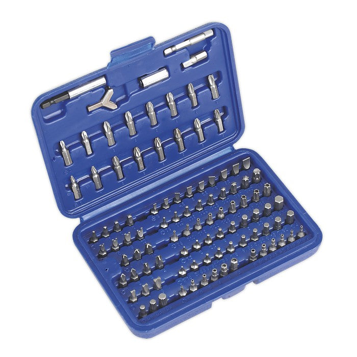 A set of 100 screwdriver bits with 1/4" shank for manual and power tool use. Supplied in blue plastic storage case.