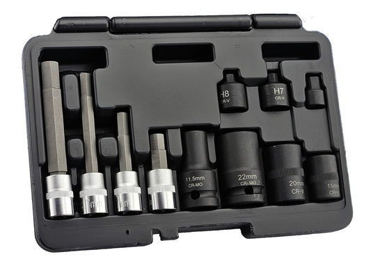 A tool set in a plastic case, featuring vehicle-specific sockets for brake caliper bolt removal for various car brands.