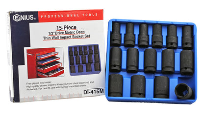 15 Piece 1/2″ Dr. Metric Semi-Deep Thin Wall Impact Socket Set Cr-Mo