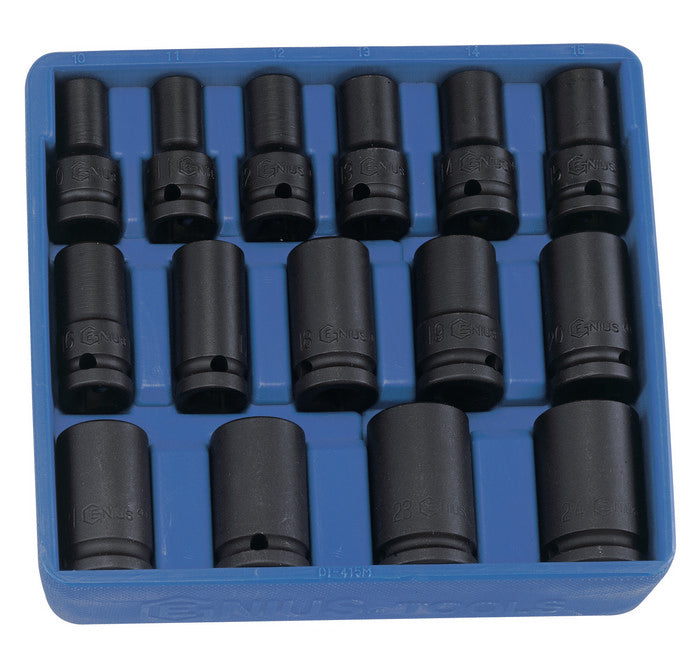 15 Piece 1/2″ Dr. Metric Semi-Deep Thin Wall Impact Socket Set Cr-Mo