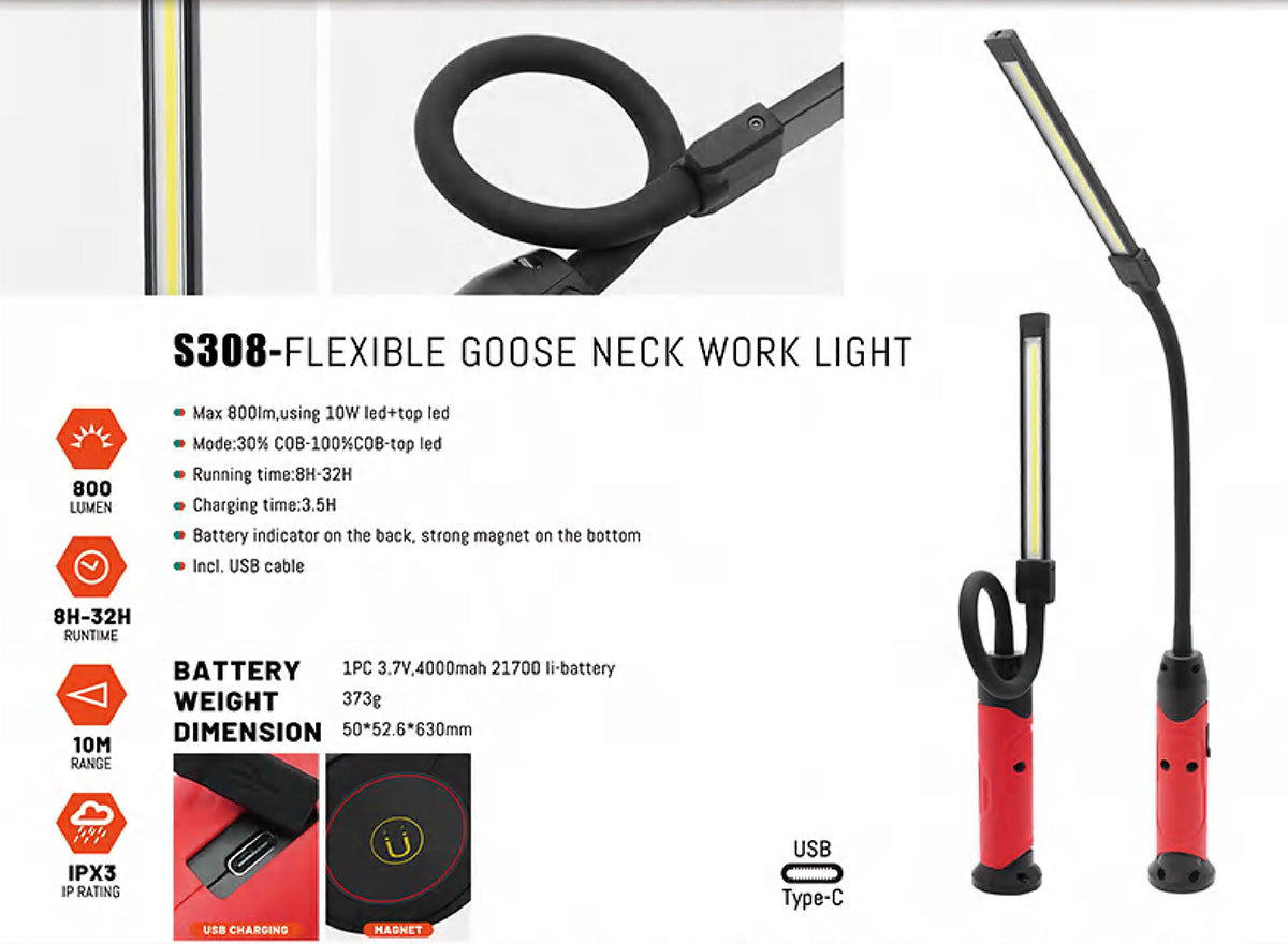 RECHARGEABLE FLEXIBLE WORK LIGHT 800 LUMENS