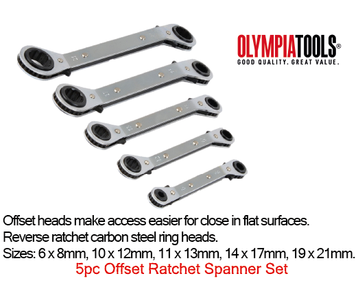 Olympia Tools 5Pc Offset Ratcheting Box Wrench / Ring Spanner Set