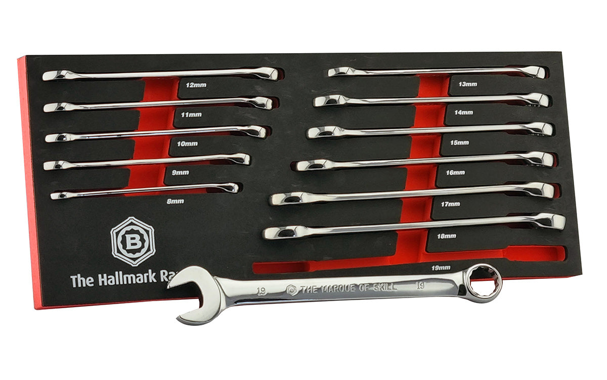 A set of 12 britool spanners, with shinny chrome finish, sizes 8-19mm supplied in red & black EVA foam tray.