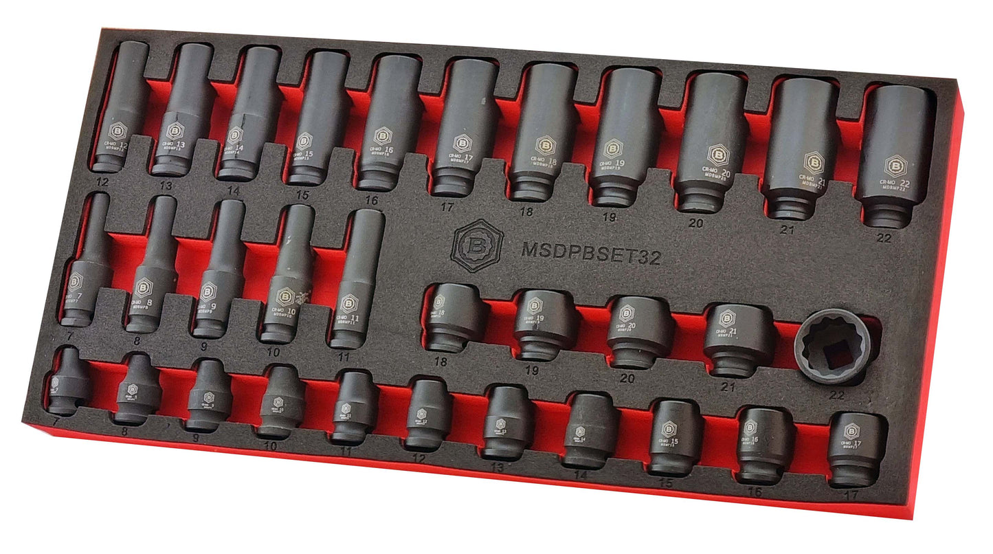 Britool black 12-point Impact Socket set with 32 sizes 7-22mm, long and short, in a  red & black foam tray labelled 'MSDPBSET32'.