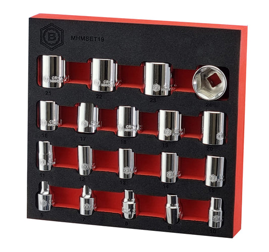 A Britool set of 19 chrome sockets, with 6-point profile. Contains sizes 6 to 24mm. Presented in a red and black EVA tool control foam tray.