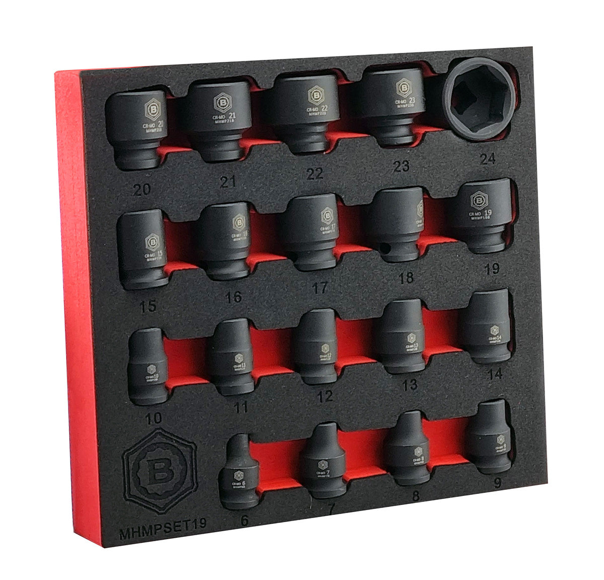 A Britool set of 19 black impact sockets all with 3/8" square drive. Contains sizes 6 to 24mm. Presented in a red and black EVA tool control foam tray.