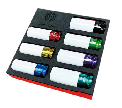 A set of 7 deep impact sockets, suitable for use with alloy wheels. Colour coded for easy selection. Supplied in red and black EVA foam tray.