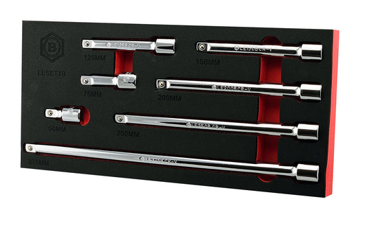 A set of seven 1/2" drive chrome vanadium extensions bars of various lengths, supplied in a red and black EVA foam tray.