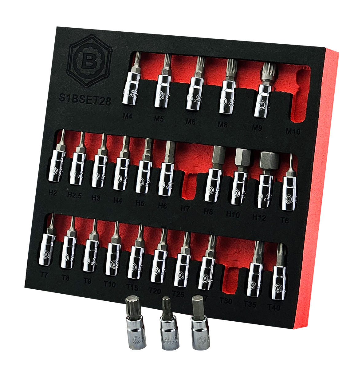 A set of 28 Britool 1/4" bit sockets, including hex, torx, spline sizes. Presented in a red & black tool control foam tray.