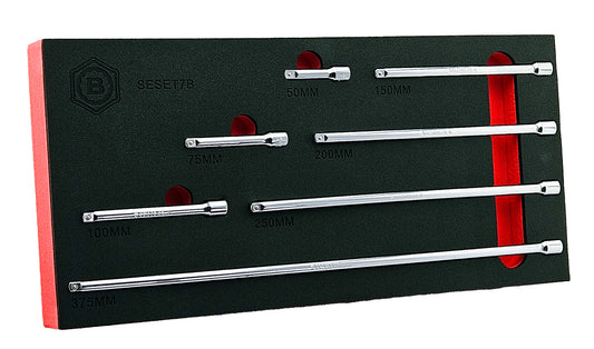 A set of 7 Britool 1/4" drive extension bars, all different lengths from 50mm to 375mm. Presented in a red & black tool control foam tray.