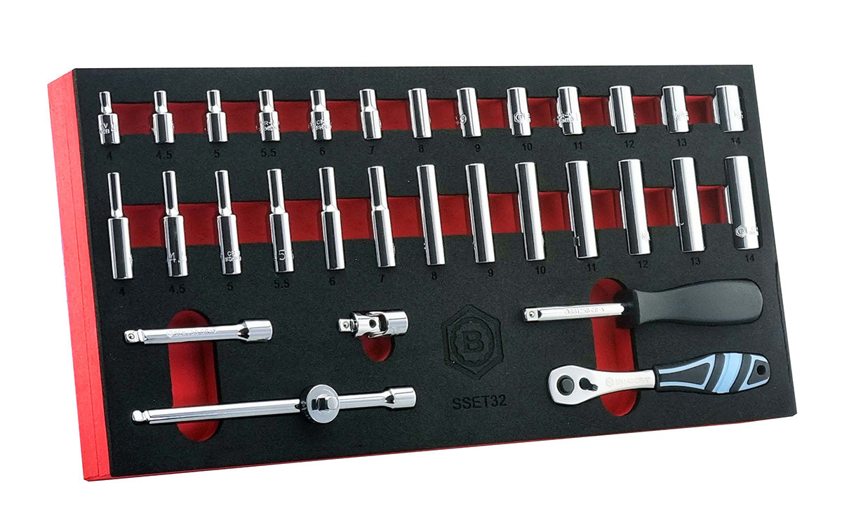 A Britool 1/4" drive tool kit, including sockets, ratchet, extension bars, UJ & T-bar socket adapter. Supplied in a red & black tool control foam tray.