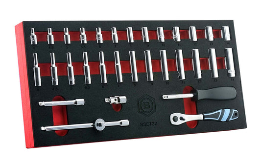 A Britool 1/4" drive tool kit, including sockets, ratchet, extension bars, UJ & T-bar socket adapter. Supplied in a red & black tool control foam tray.