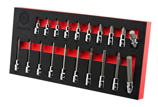 A set of 20 standard and long allen keys in 3/8" drive sockets. Sizes 3 to 12mm, presented in a red and black EVA foam tray for easy storage in a toolbox drawer.