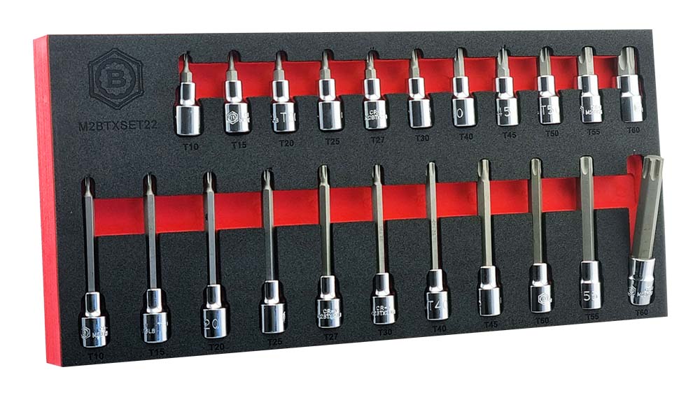 A Britool 22 piece set of 3/8" drive torx bit sockets. The set contains eleven standard length sizes T10 to T60  and eleven long with the same sizes. They are presented in a red and black EVA tool control foam tray for easy and secure storage.