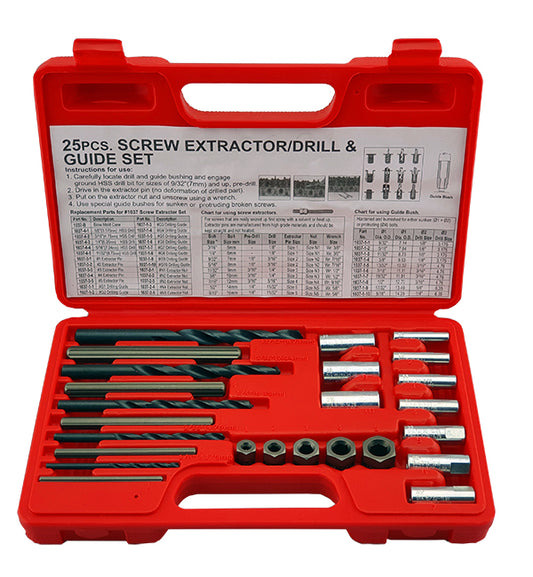 A set of 25 extractors, drill bits and guides for broken screw / bolt removal. Supplied in red plastic storage case.