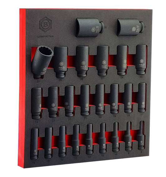 Socket set with 25 black CR-MO deep impact sockets (8-36mm) in a foam tray labelled 'LDBMPSET836'.