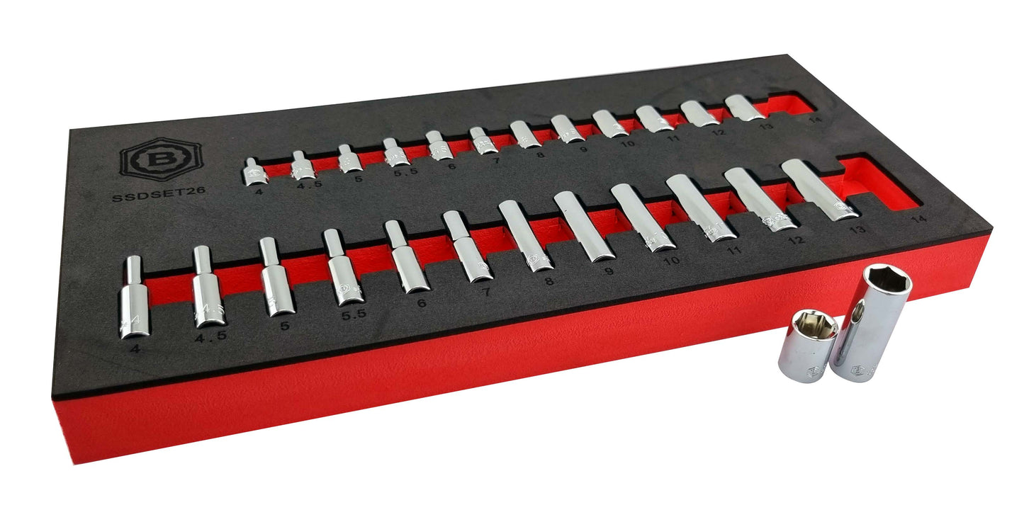 Britool chrome socket set with 26 sizes 4-14mm, long and short, in a foam tray labelled 'SSDSET26'.