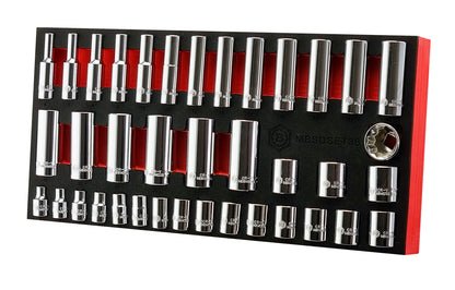 A set of Britool chrome 12-point sockets in both standard and deep sizes, from 6 to 24mm. Presented in a red and black EVA tool control foam tray for easy and secure storage.