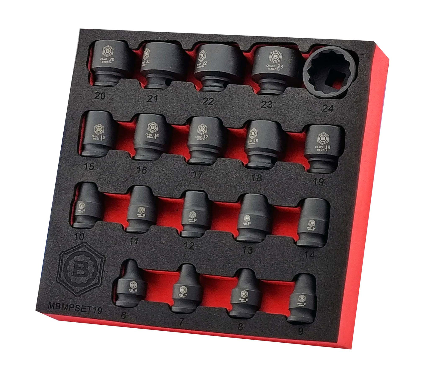 A Britool set of black 12-point impact sockets, with sizes 6 to 24mm. Presented in a red and black EVA tool control foam tray for easy and secure storage.