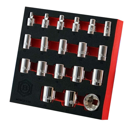 A 19 piece Britool 3/8" drive, 12-point chrome socket set, with sizes 6 to 24mm. Presented in a red and black EVA tool control foam tray for easy and secure storage.