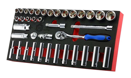 Britool 3/8" chrome socket set with standard and long sockets, accessories, and a red-black foam tray for organized storage.