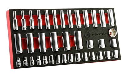 Britool 38-piece chrome vanadium socket set (6-24mm, standard & deep) in a red and black EVA foam tray for easy storage & organization.