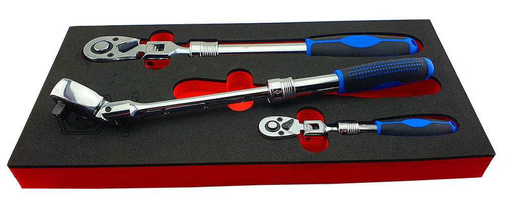 a set of 3 extending ratchets with flexi locking heads presented in a red and black tool control foam tray.