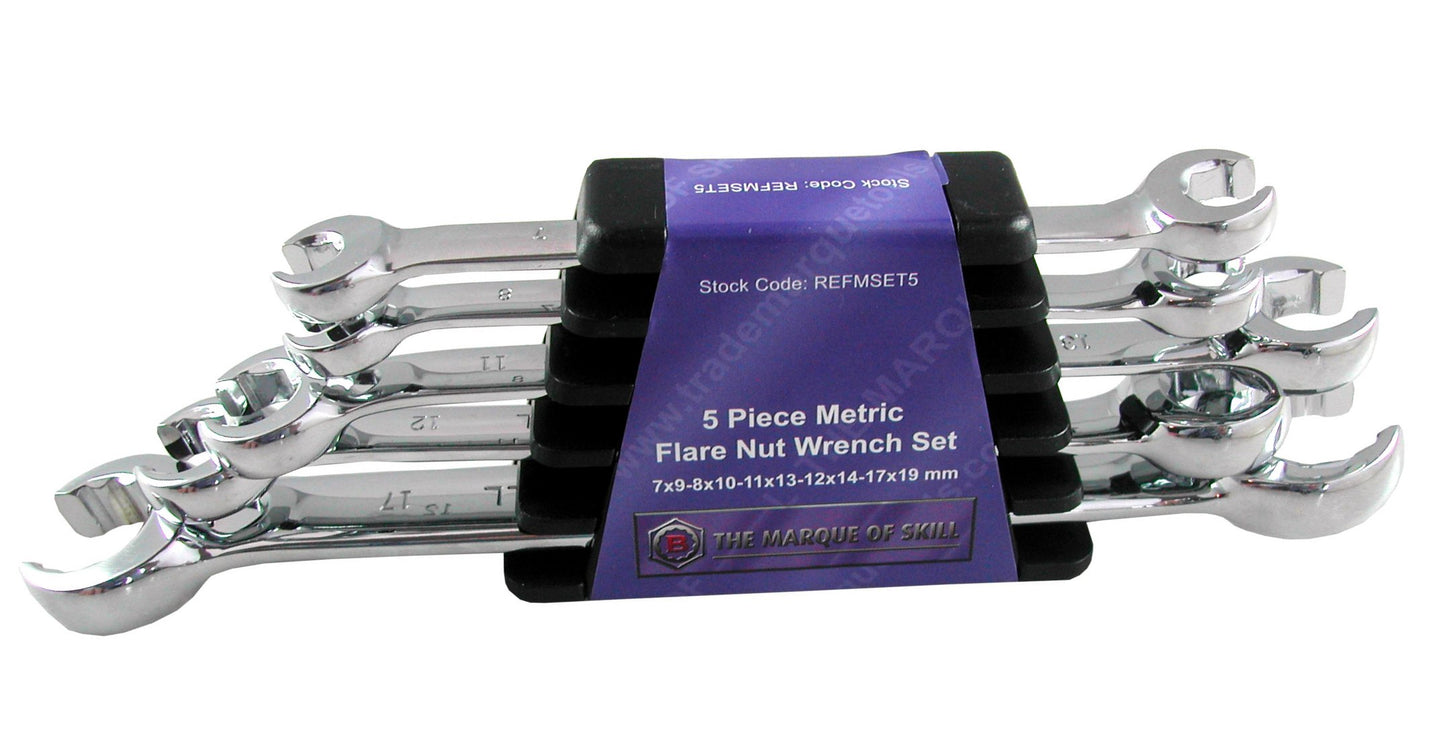 Britool Flare Nut Spanner Set in Plastic Holder with Sizes 7-19mm, Sticker on holder with logo & Part Number 'REFMSET5'.