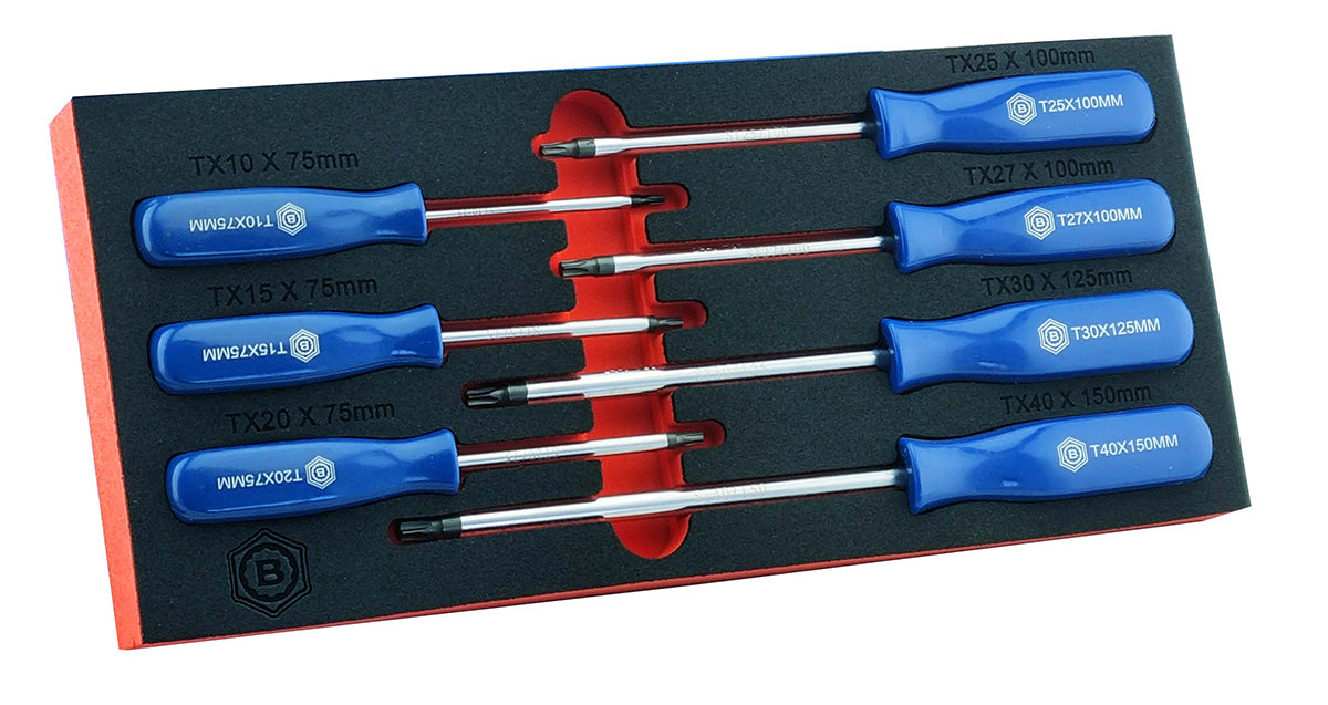 A set of Britool torx screwdrivers with blue handles. Contains sizes T10 to T40. Presented in a red & black foam tray.