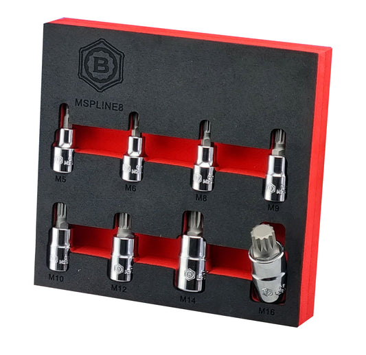 A Britool set of 8 spline bit sockets from sizes M5 to M16. Presented in a red & black EVA foam tray for easy storage.