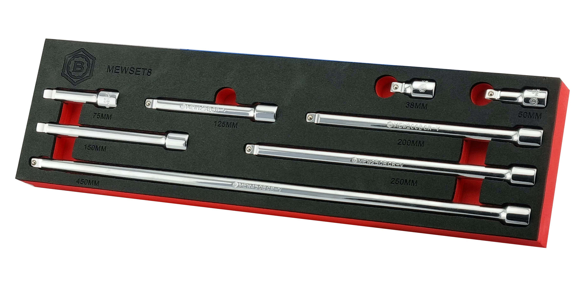 Britool chrome vanadium 3/8" drive wobble extension bars in 8 lengths, in a red and black EVA foam tray for easy storage.