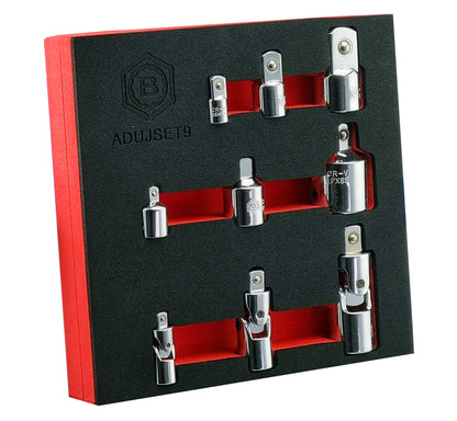 Britool adapter set includes 6 socket adapters & 3 universal joints in red & black EVA foam ADUJSET9