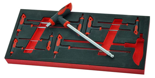 Britool hex keys featuring red & black T-shaped handles, sizes 2-10mm, stored in an EVA foam tray for easy access.