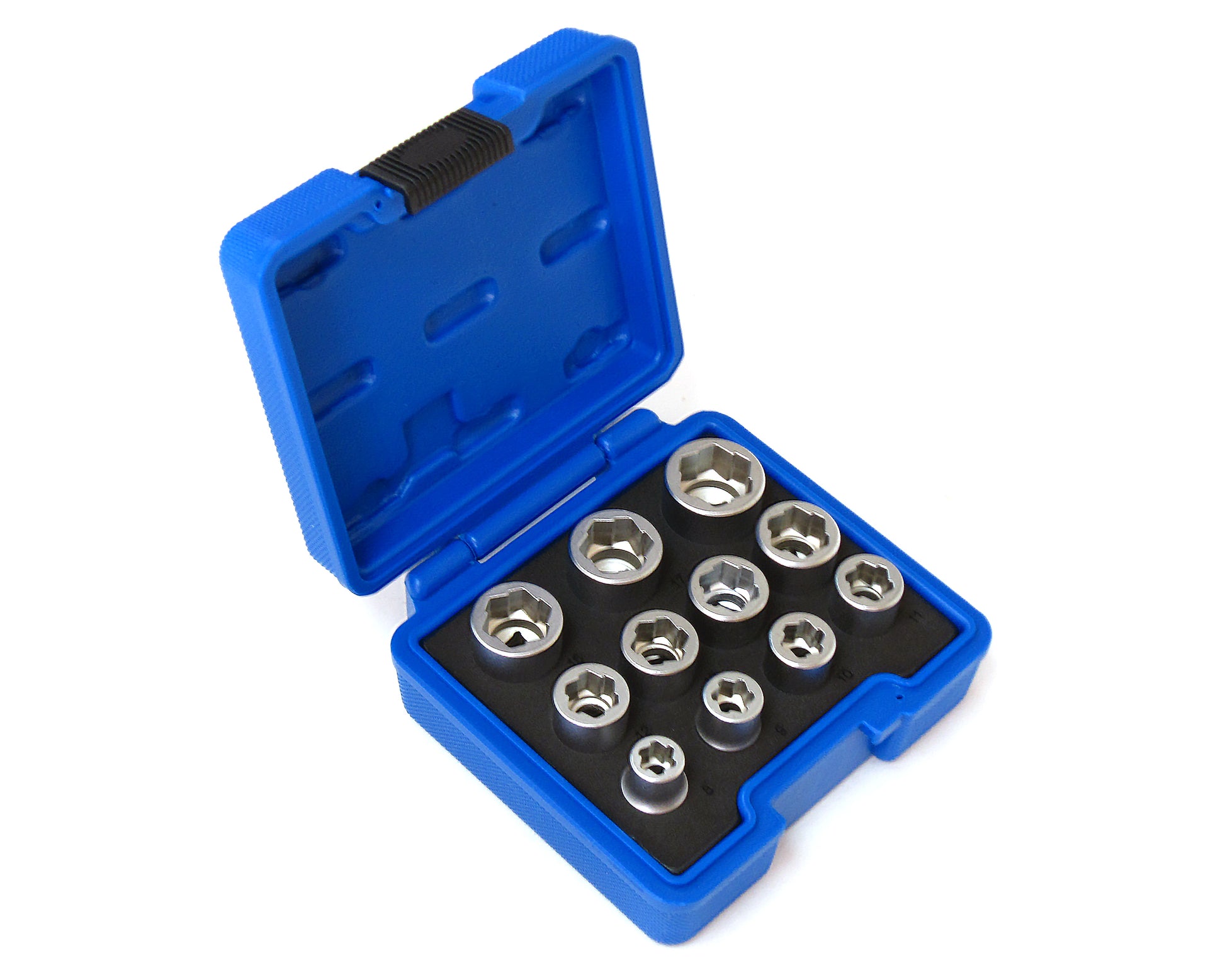 A set of 11 sockets 8-19mm with special design, for gripping damaged and rounded bolts. Supplied in blue plastic storage case.