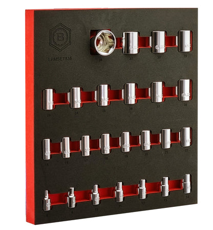 25 1/2" drive chrome sockets from 8-36mm presented in a red and black tool control foam tray for easy storage in a tool box drawer.