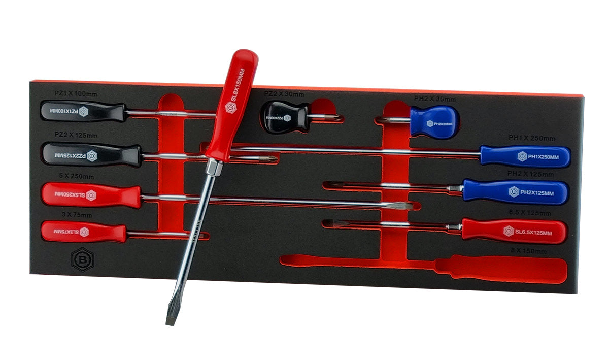 A set of 10 Britool slotted, pozi and phillips screwdrivers, presented in a red & black tool control foam tray.