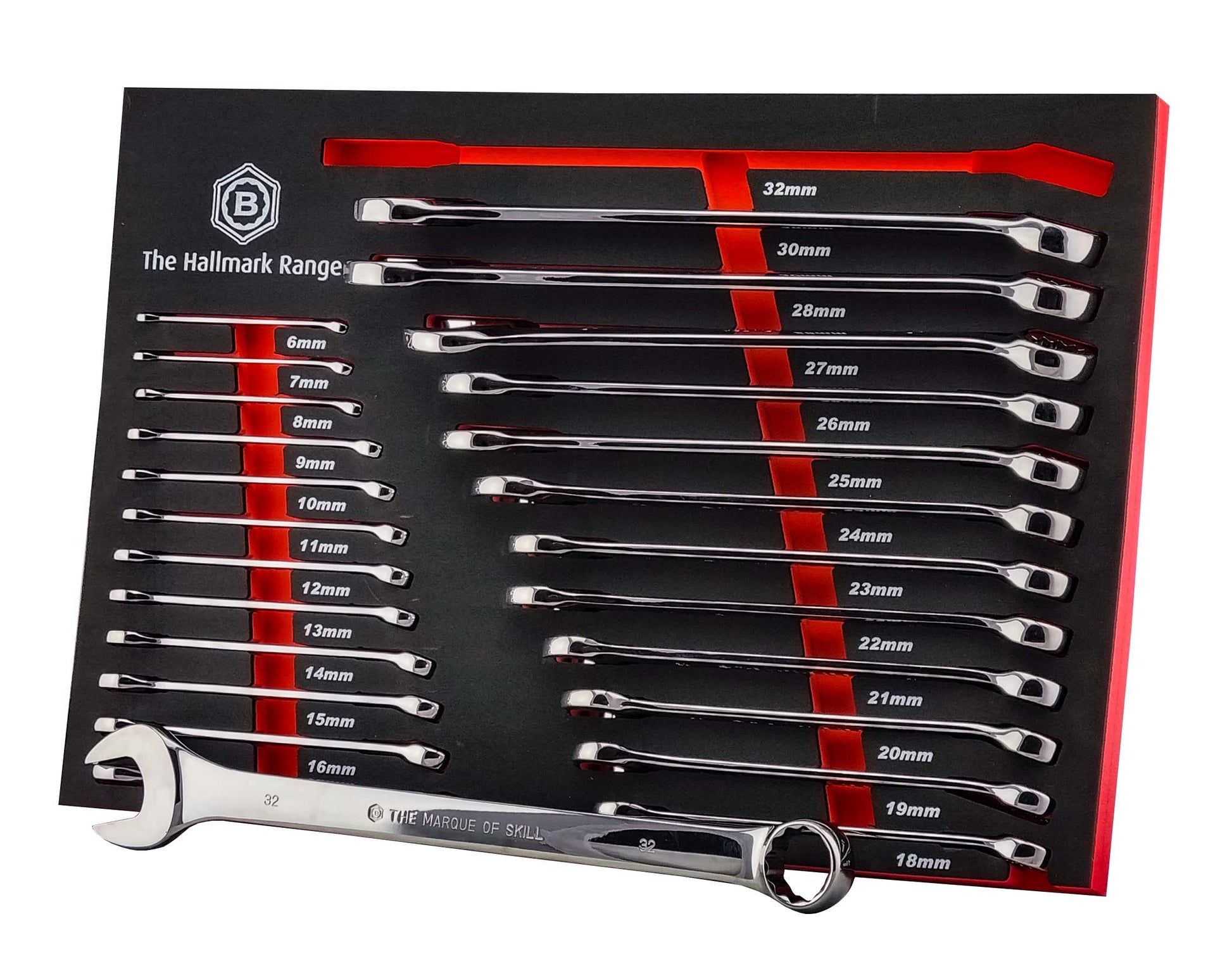 A set of 25 britool spanners, with shinny chrome finish, sizes 6-32mm supplied in a red & black EVA foam tray.