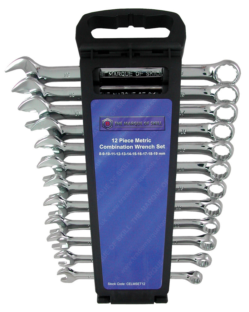 A set of 12 britool spanners, with shinny chrome finish, sizes 8-19mm supplied in plastic spanner rack.