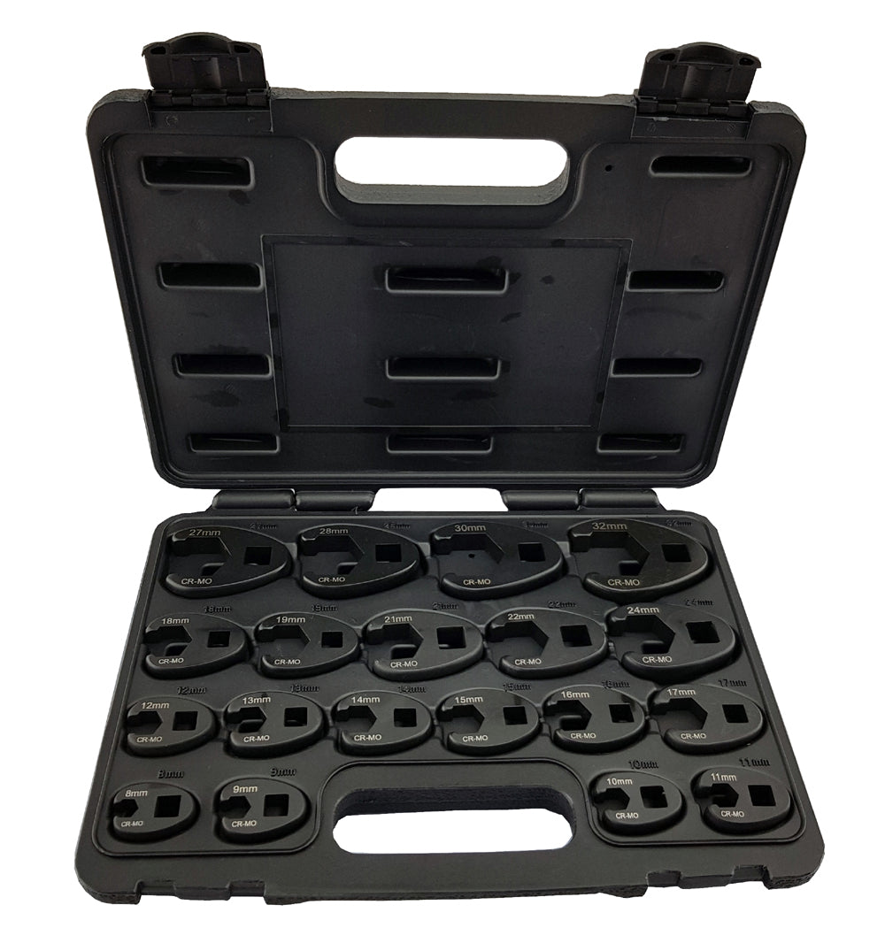 a set of 19 black crow's foot wrenches for limited access applications. Supplied in black plastic storage case.