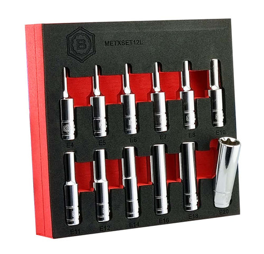 A Britool 3/8" drive set of 12 deep e-torx sockets, with sizes E4 to E20. Presented in a red and black EVA tool control foam tray for easy and secure storage.