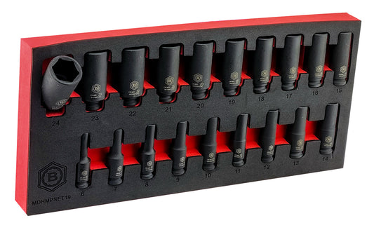 A Britool set of black deep impact sockets with 6-point profile. The set contains 19 sizes from 6mm to 24mm. Presented in a red and black EVA tool control foam tray for easy and secure storage.