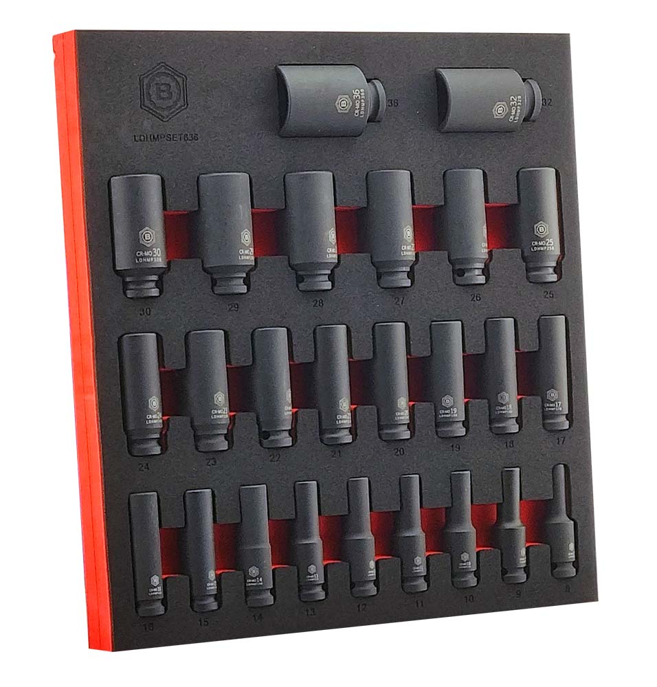 Britool black 6-point deep impact socket set with 25 sizes 8-36mm, in a foam tray labelled 'LDHMPSET836'.