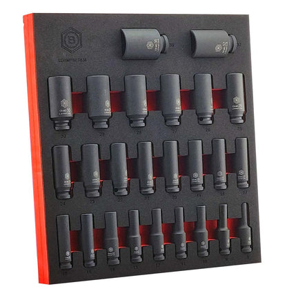 Britool black 6-point deep impact socket set with 25 sizes 8-36mm, in a foam tray labelled 'LDHMPSET836'.