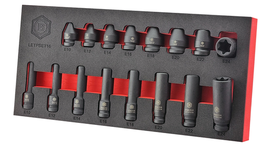 A set of standard length and deep E-Torx impact sockets, supplied in a red and black EVA tray.