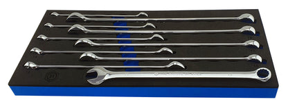 A set of 10 britool extra long spanners, with shinny chrome finish, sizes 10-19mm supplied in blue & black EVA foam tray.