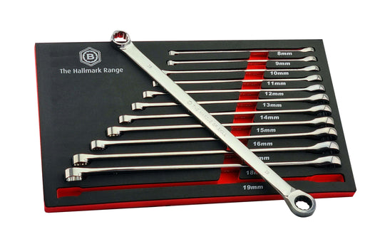 A Britool set of 12 extra-long double ring ratchet spanners in sizes 8 to 19mm. Presented in a red & black EVA foam tray.