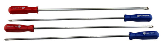 a Britool 4 piece extra-long screwdriver set for Phillips, Pozidriv and slotted screws with red & blue handles.