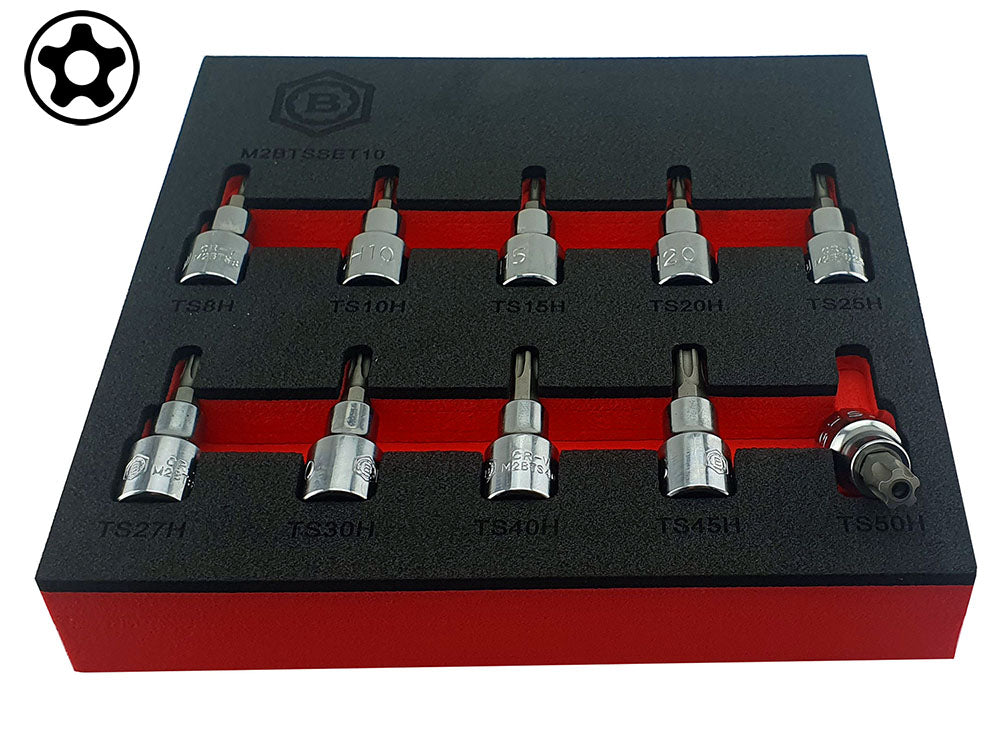 A set of ten TS 5-sided bit sockets for certain automotive applications. The set contains sizes TS8 to TS50. The set is presented in a red and black EVA tool control foam tray for easy storage.